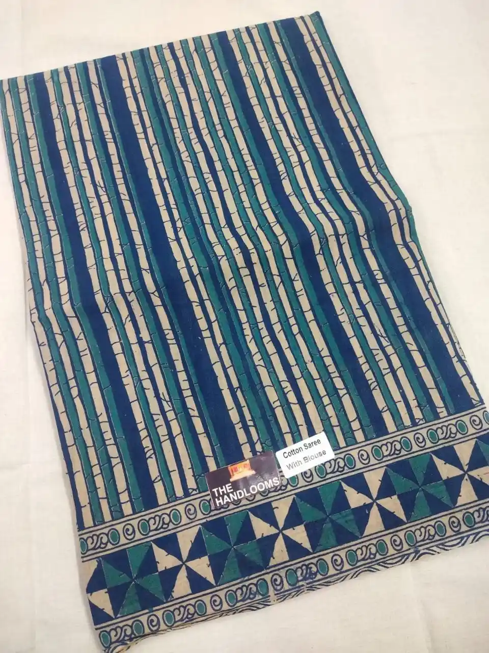 Teal Navy Stripe Geometric Kalamkari Pure Handloom Cotton Saree